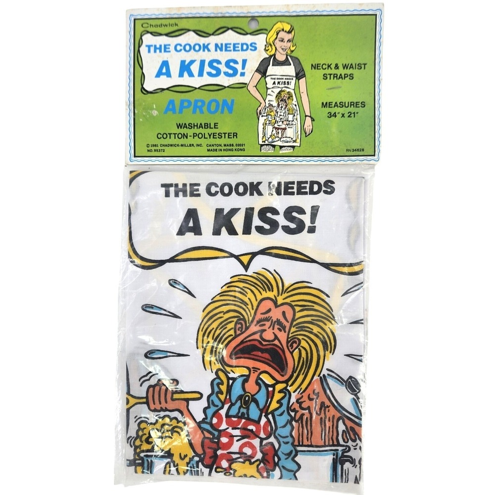 Vintage 1981 Novelty Chef Needs A Kiss Funny Apron‎ NOS Cartoon Gift